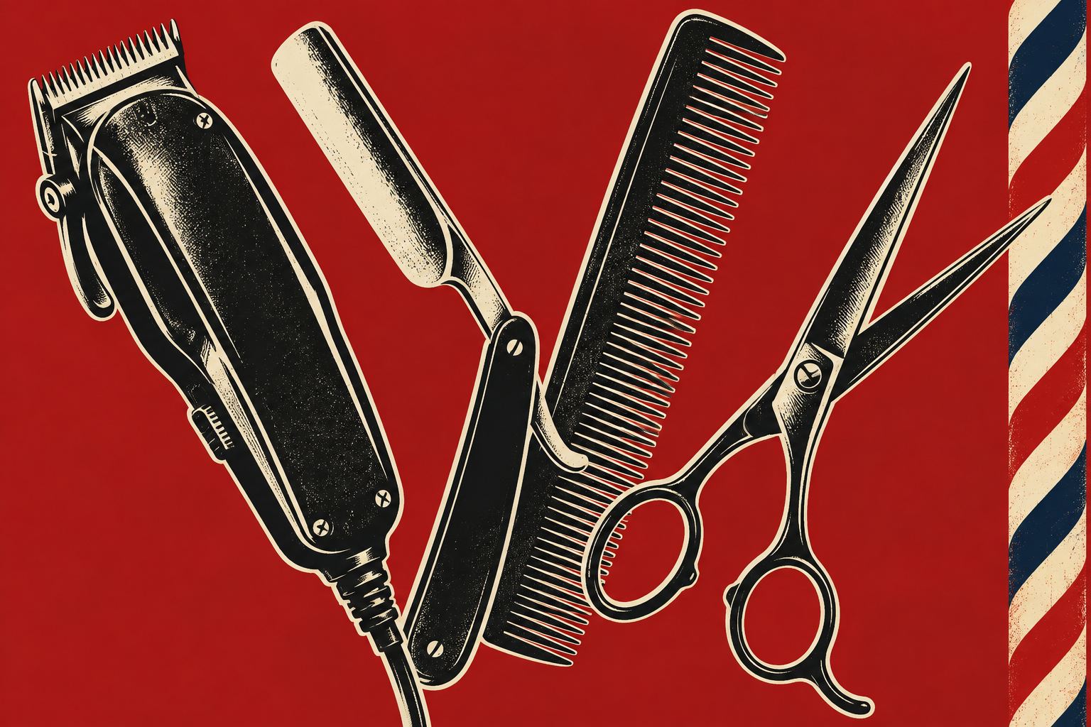 Illustration of barber tools, clippers, razor, comb and scissors, on a deep red field