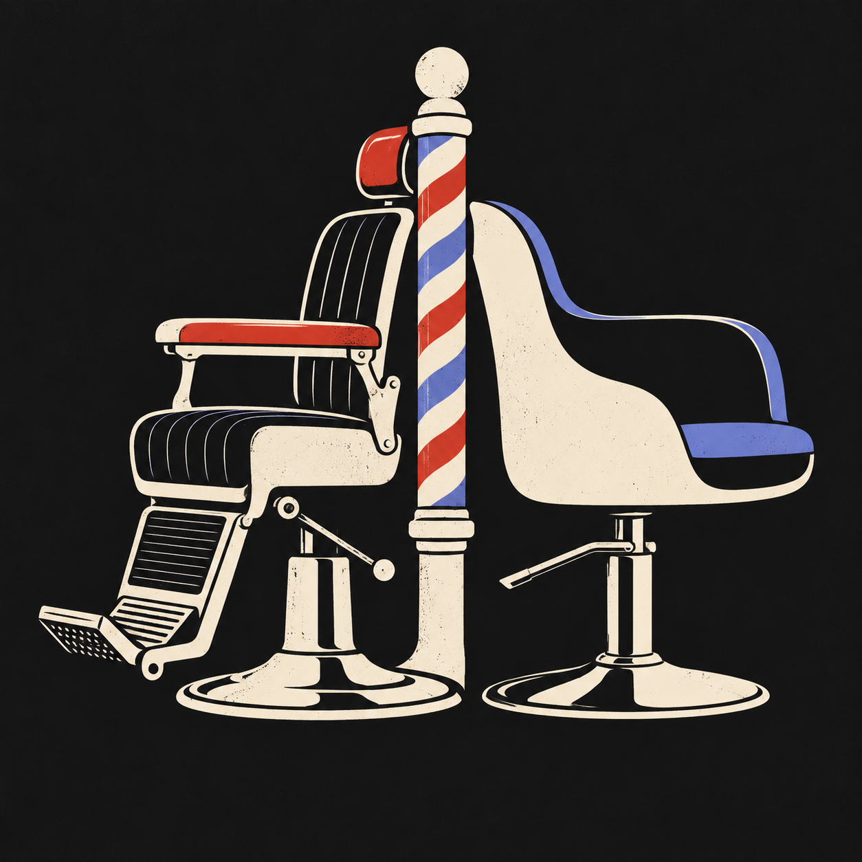 Illustration of a barber chair and salon styling chair back to back
